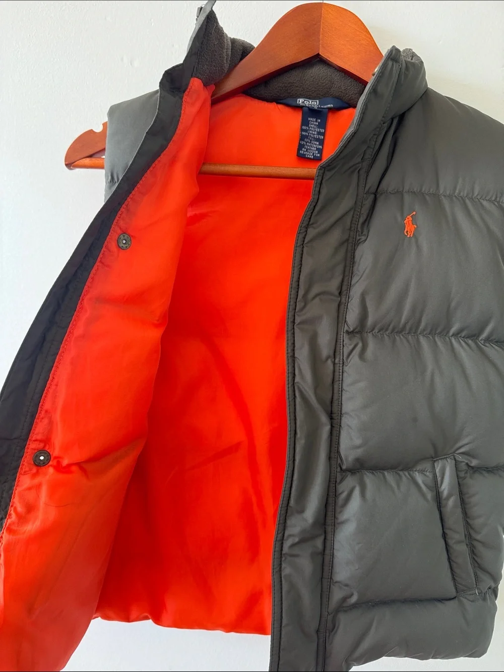 Ralph Lauren Boys Olive Green Quilted Puffer Vest with Orange Polo Pony